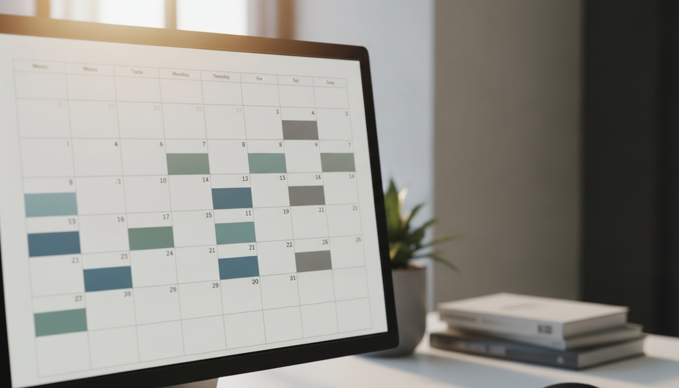 Tela de computador mostrando um calendário digital com blocos de horários marcados.