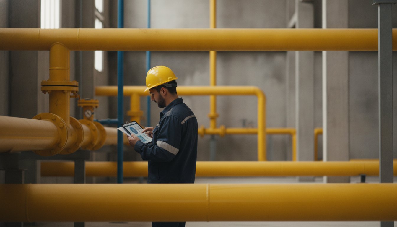 Trabalhador com capacete e prancheta digital inspecionando tubulações industriais amarelas em ambiente fechado.