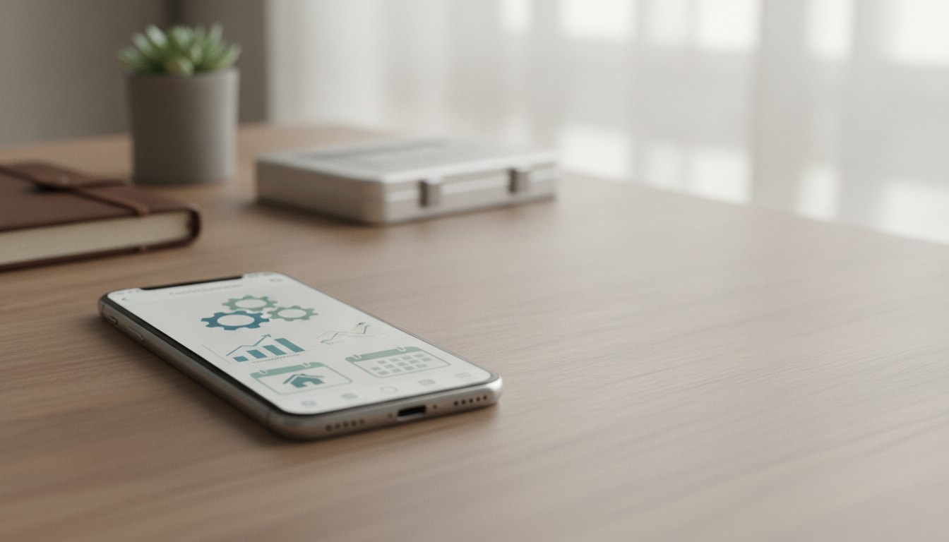 Celular exibindo tela de aplicativo corporativo sobre uma mesa de escritório de madeira.