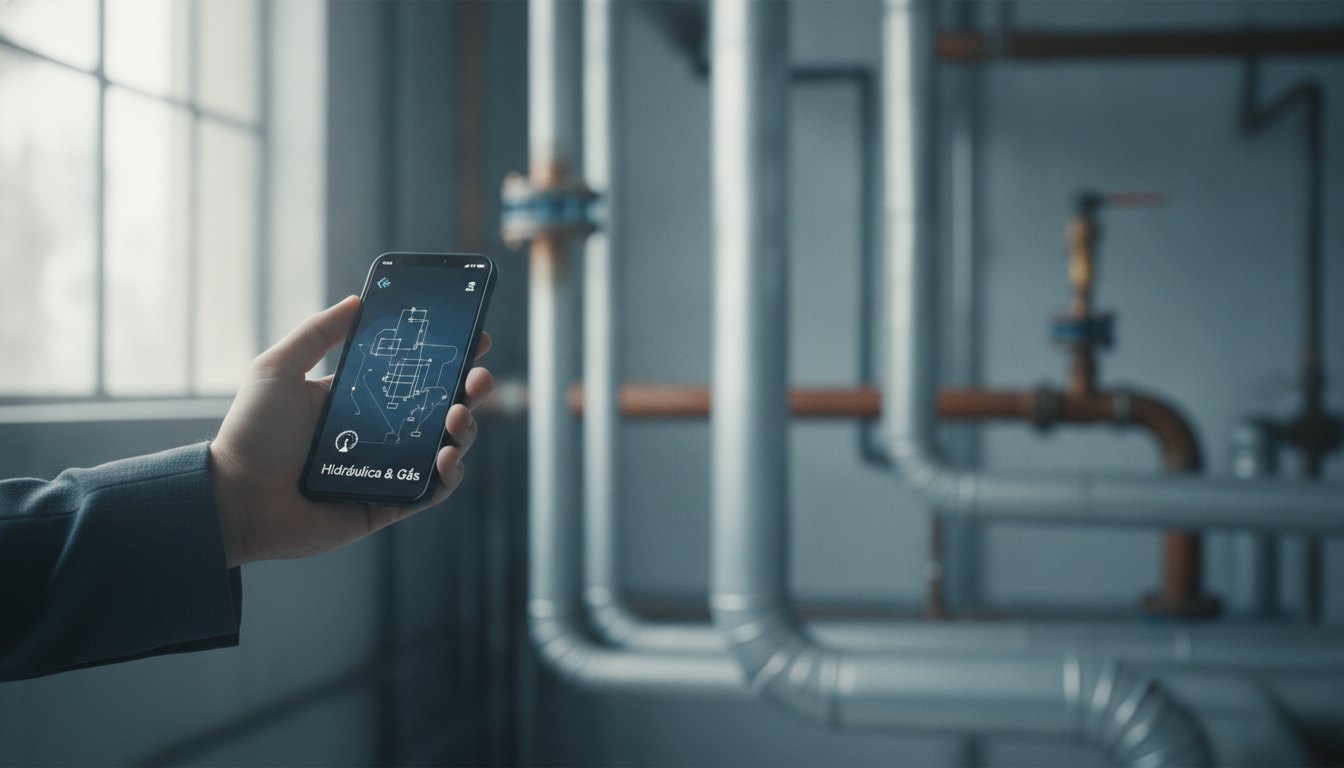 Funcionário segurando um smartphone corporativo com um aplicativo aberto, em frente a uma tubulação industrial.