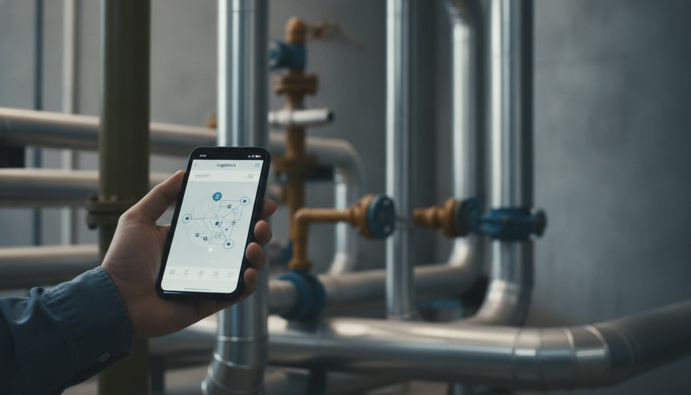 Operador logístico segura smartphone com tela de aplicativo aberta em frente a tubulações industriais.
