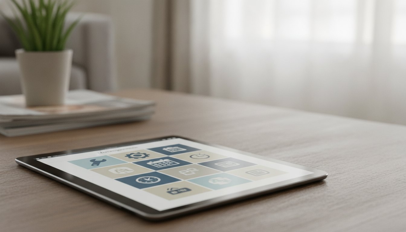 Tela de tablet mostrando aplicativo de gestão corporativa com ícones de manutenção e agendamento de serviços.