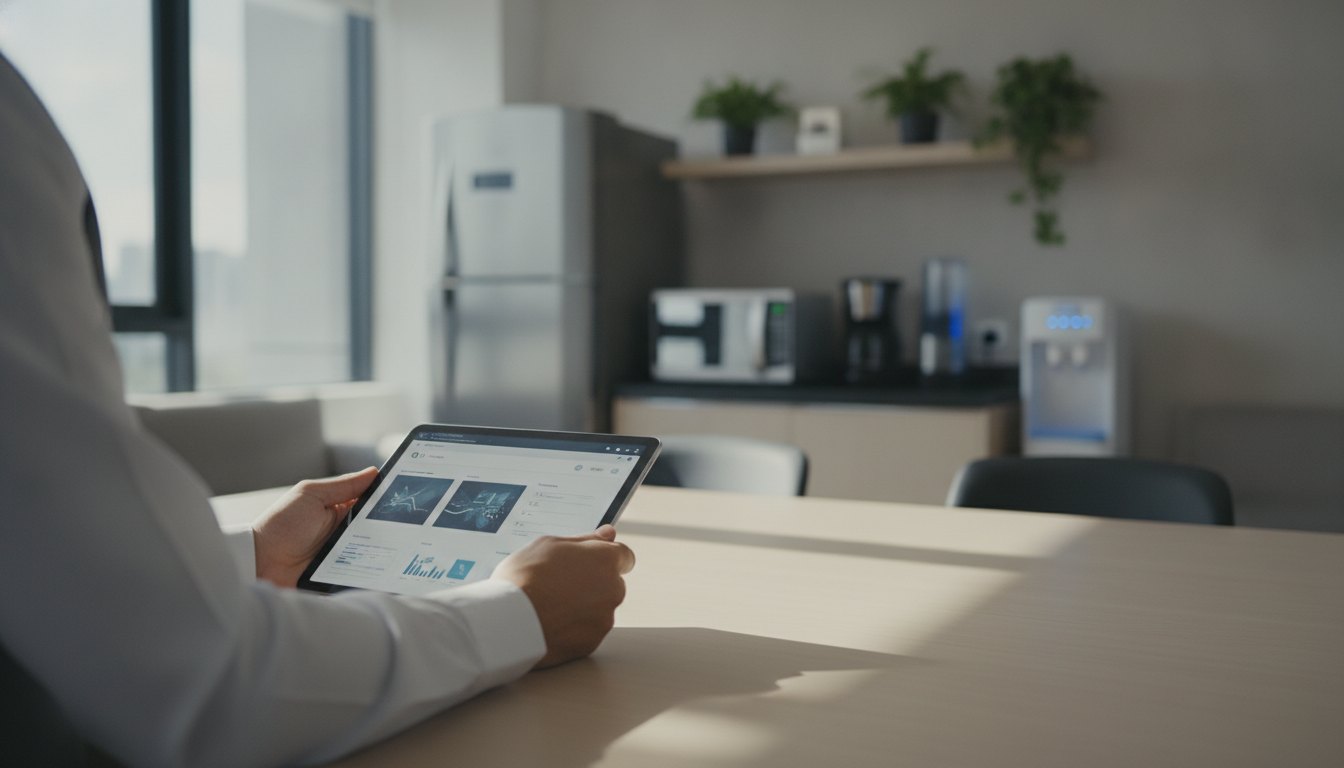 Gestor de facilities utilizando um tablet para consultar a intranet corporativa em uma copa de escritório.