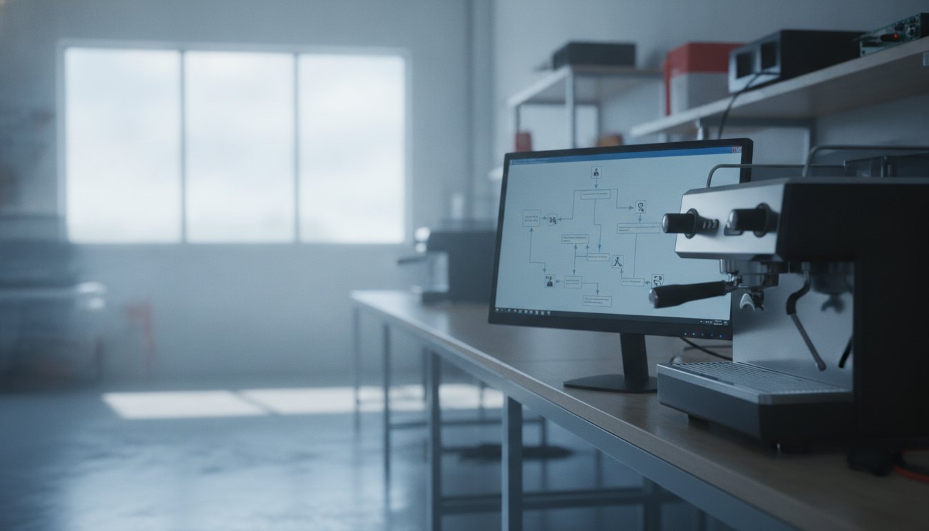 Monitor exibindo um fluxograma de diagnóstico de falhas ao lado de uma máquina de café.