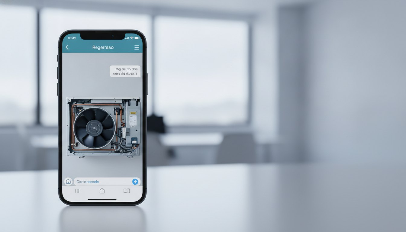 Smartphone exibindo aplicativo de mensagens com a foto de um ar condicionado aberto na tela.