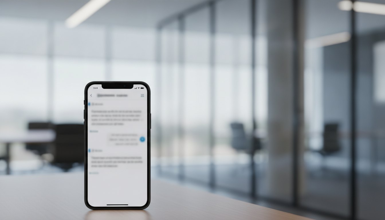 Tela de celular mostrando chat corporativo com relato de vazamento de água em escritório moderno.