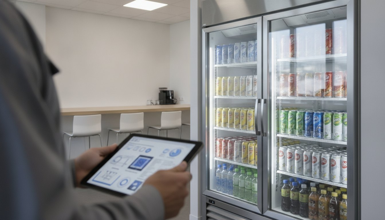 Funcionário de manutenção usando um tablet para inspecionar uma geladeira comercial em uma copa corporativa.