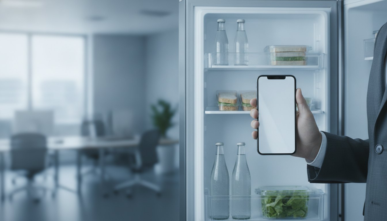 Homem segurando um smartphone corporativo diante de uma geladeira de escritório com a porta aberta.