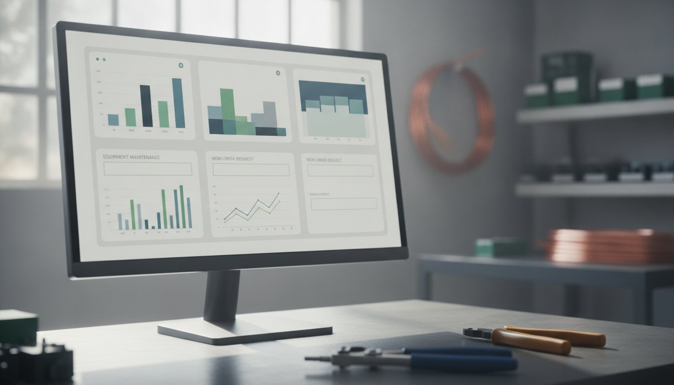 Tela de computador exibindo um sistema corporativo de gestão com gráficos e formulários de manutenção.