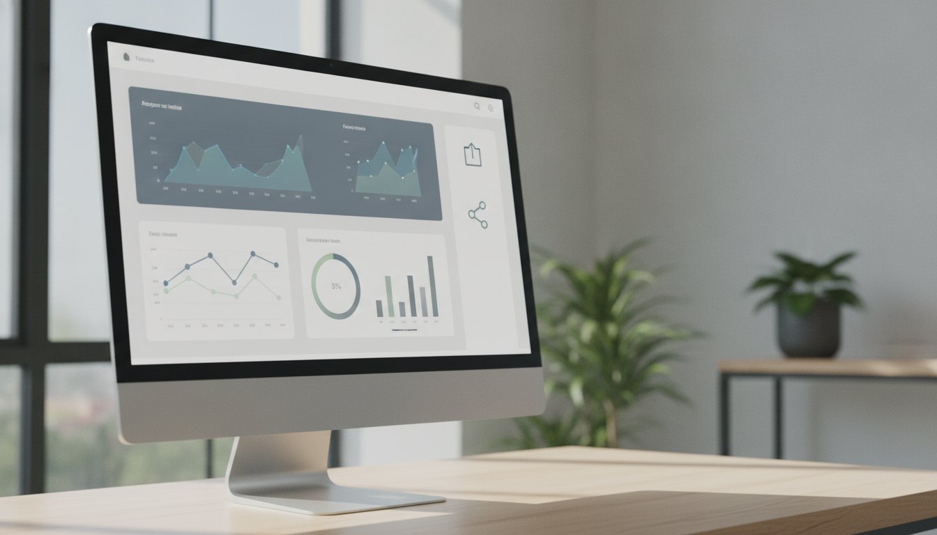 Tela de computador exibindo um painel corporativo com gráficos e opções de compartilhamento de publicações.