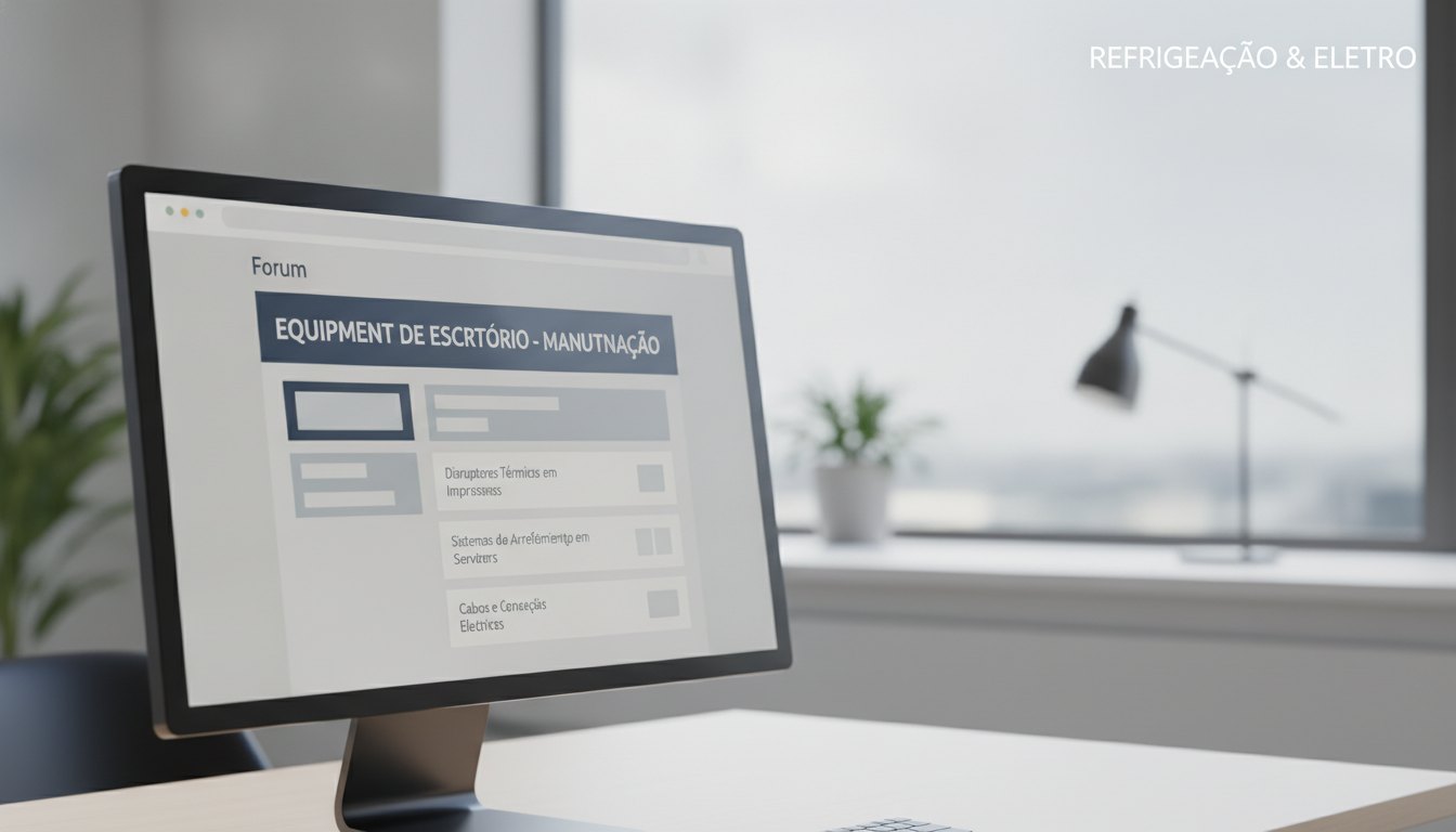 Tela de computador exibindo um fórum corporativo com tópicos sobre manutenção de equipamentos de escritório.