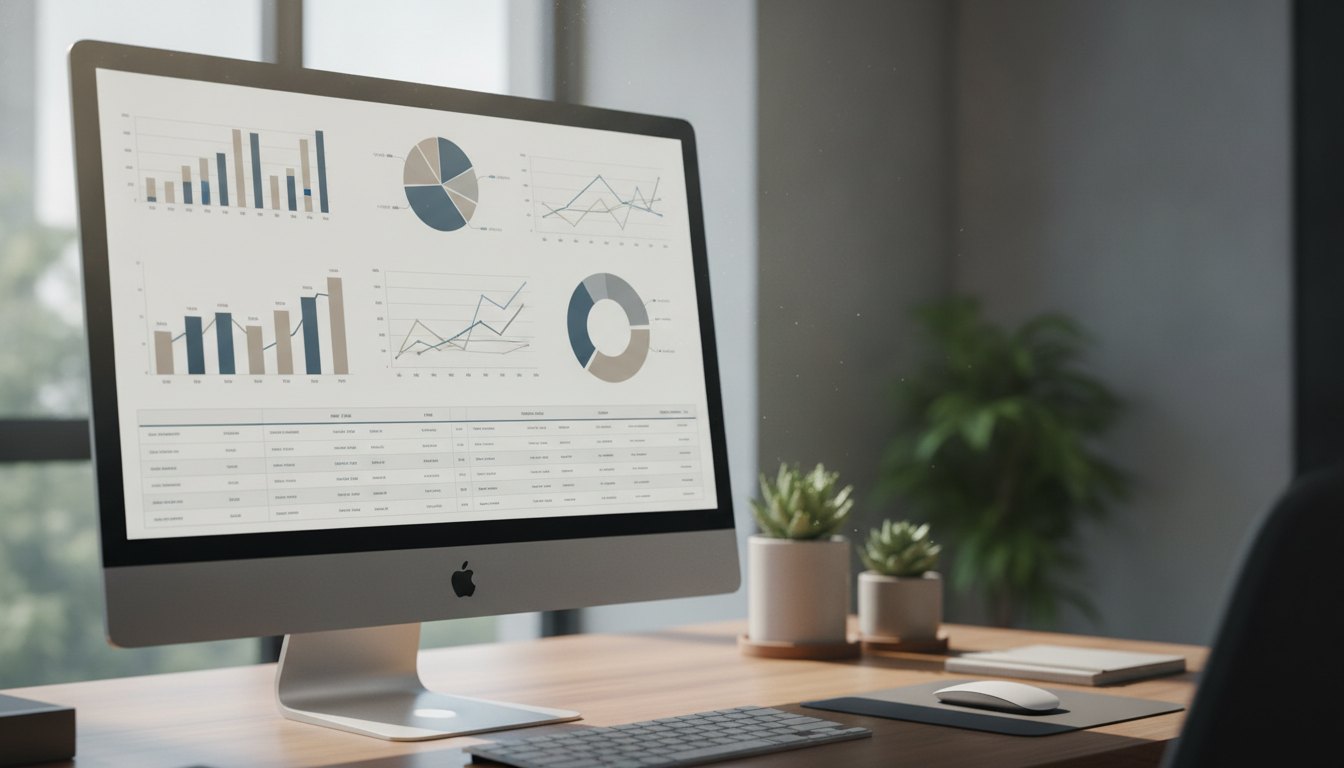 Tela de computador mostrando um painel de controle de sistema corporativo com gráficos e listas.