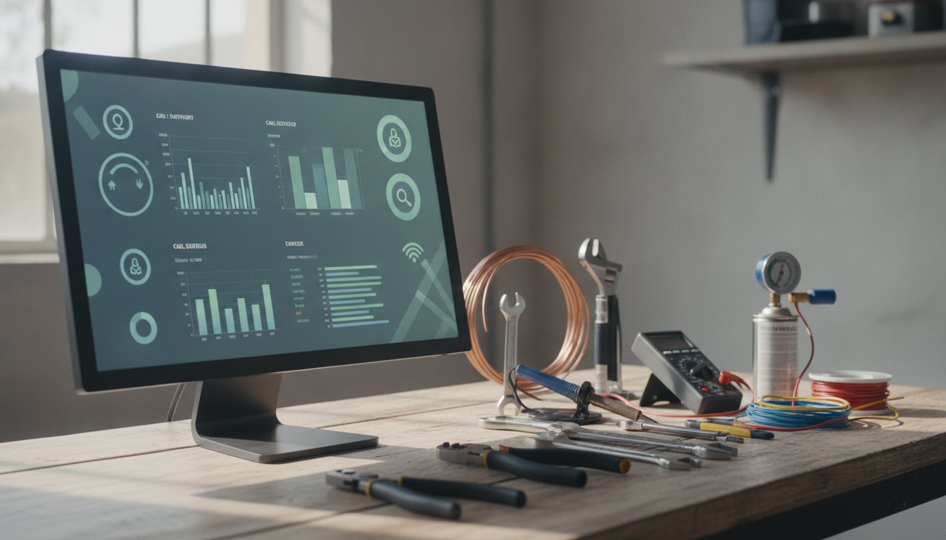 Tela de computador exibindo painel de controle de chamados ao lado de ferramentas de reparo.