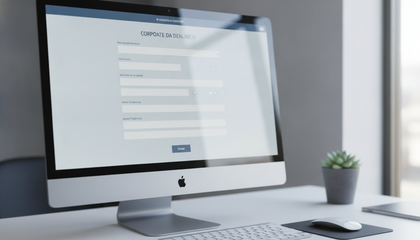 Tela de computador exibindo um formulário digital de denúncia corporativa com campos de texto em branco.