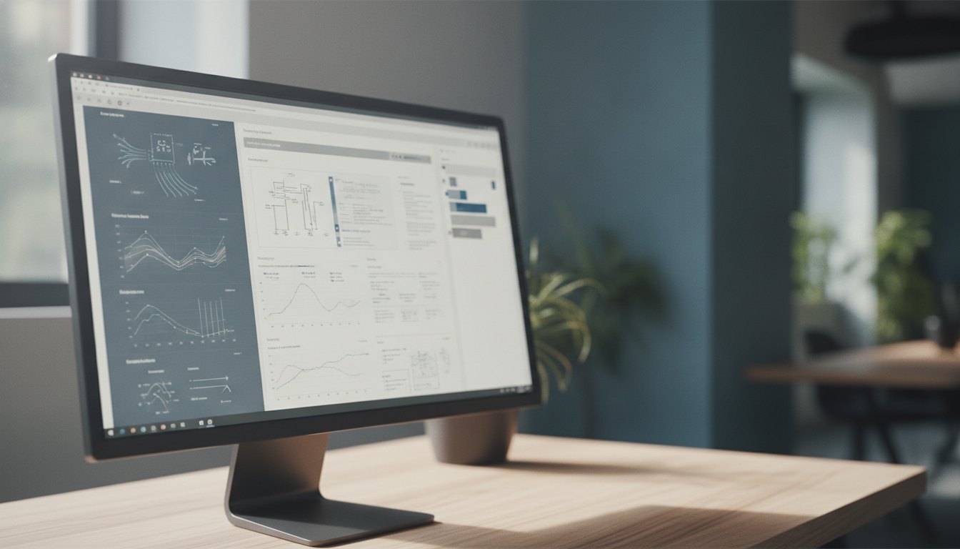 Monitor de computador exibindo um aplicativo de comunicação corporativa com um laudo técnico na tela.