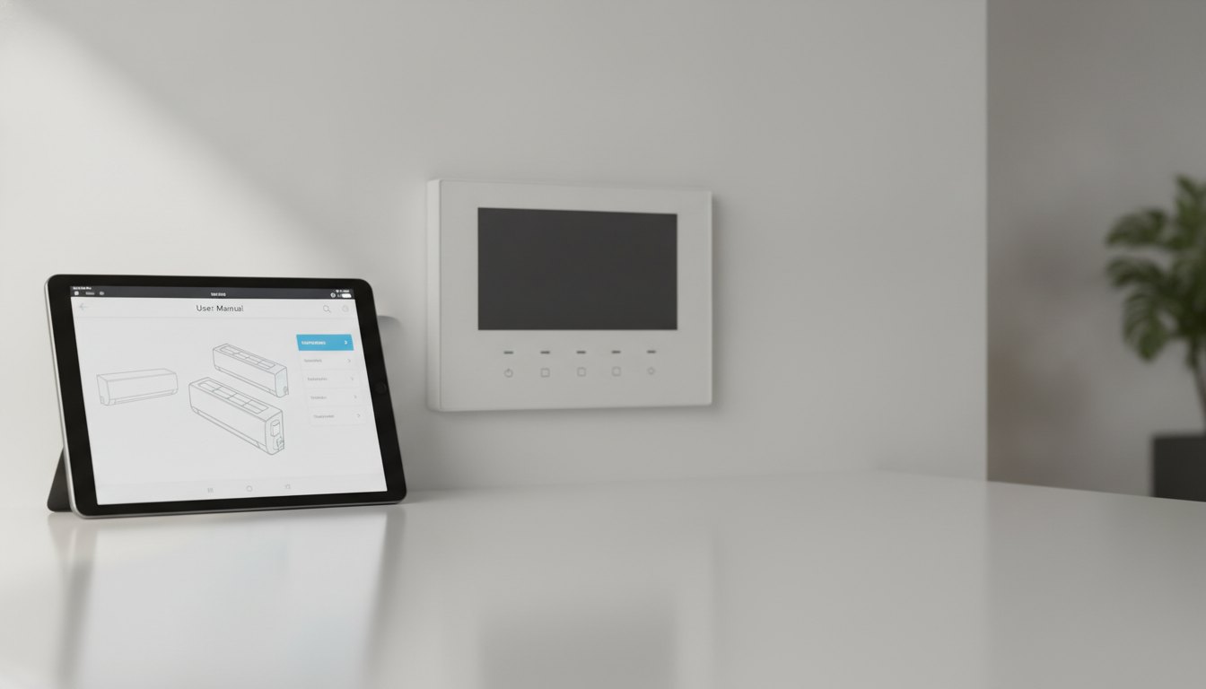 Tela de tablet exibindo um manual de instruções digital ao lado de um painel de ar-condicionado.