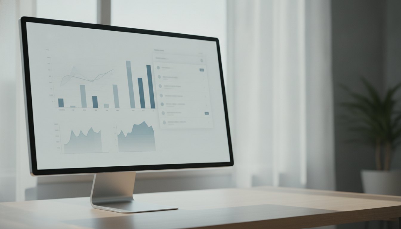 Tela de computador exibindo gráficos de barras e linhas sobrepostos a um aplicativo de e-mail.