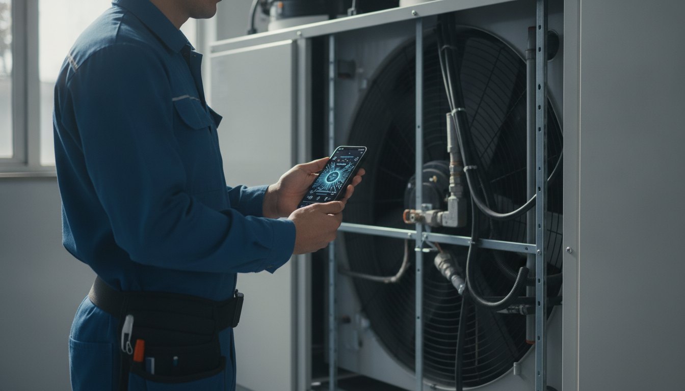 Técnico de manutenção segurando um smartphone em frente a um equipamento de ar-condicionado.