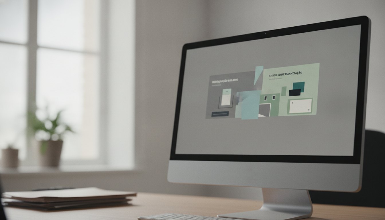 Tela de computador exibindo um mural digital corporativo com avisos sobre manutenção de equipamentos.