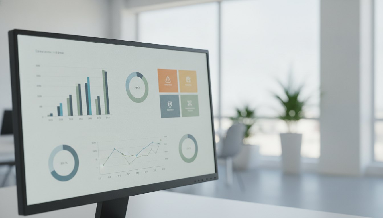 Tela de computador exibindo um painel digital com gráficos e chamados de manutenção de equipamentos.