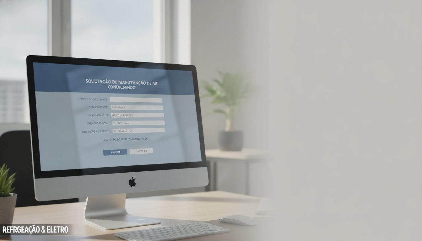 Tela de computador exibindo um painel corporativo com formulário de solicitação de manutenção de ar condicionado.