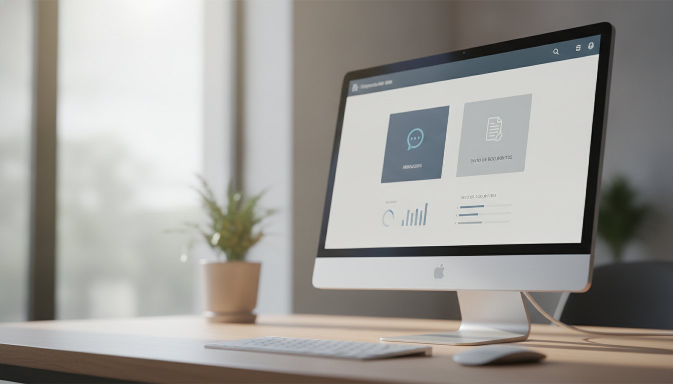 Tela de computador mostrando um painel de mensagens e envio de documentos corporativos.