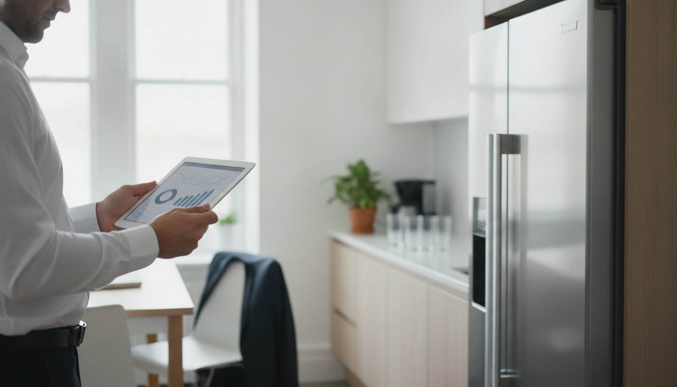 Homem de camisa social usando um tablet corporativo ao lado de uma geladeira no escritório