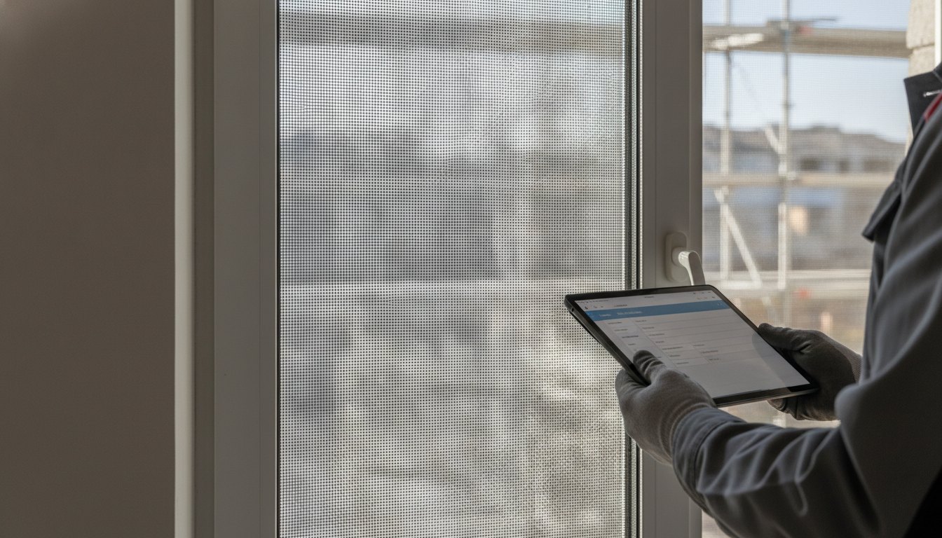 Profissional de manutenção preenche formulário em um tablet enquanto inspeciona uma trama instalada na janela.