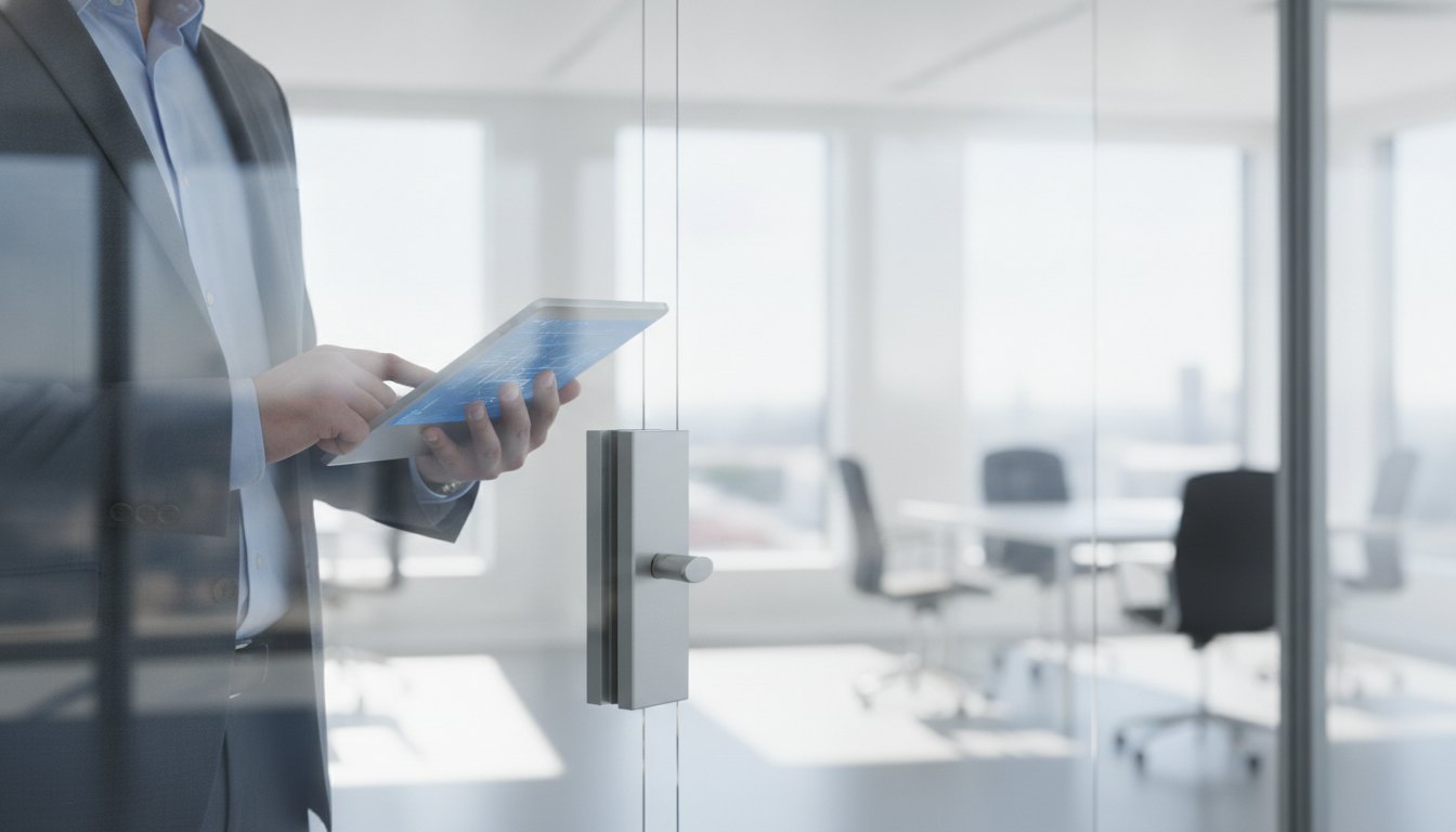 Homem segurando tablet corporativo em frente a uma porta de vidro de um escritório moderno.