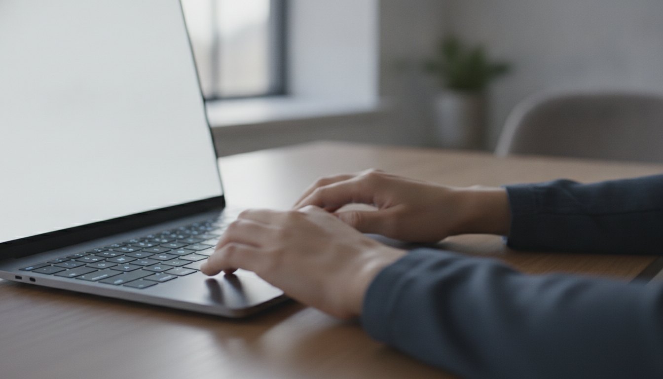 Mãos de uma pessoa digitando em um teclado de notebook sobre uma mesa de escritório.