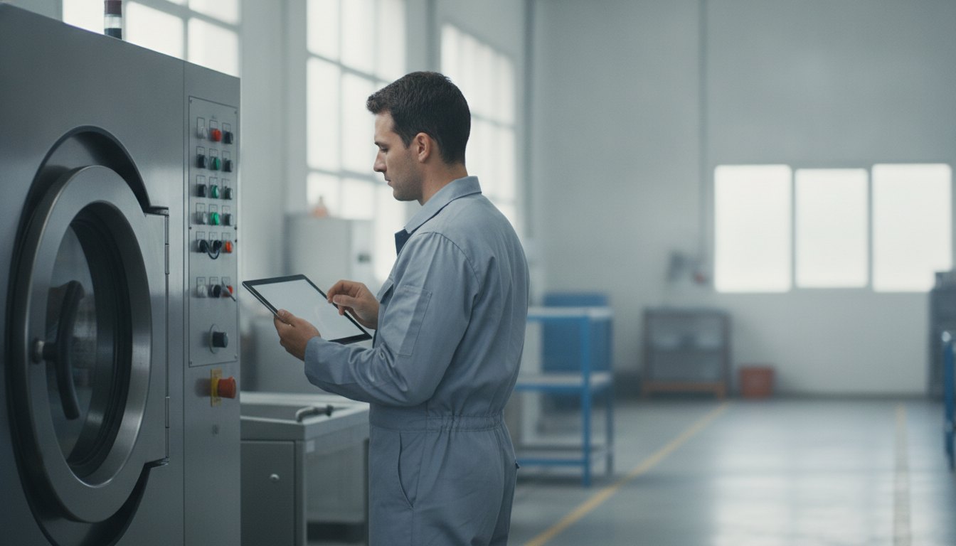 Técnico uniformizado segurando um tablet enquanto observa o painel de uma grande máquina de lavar.