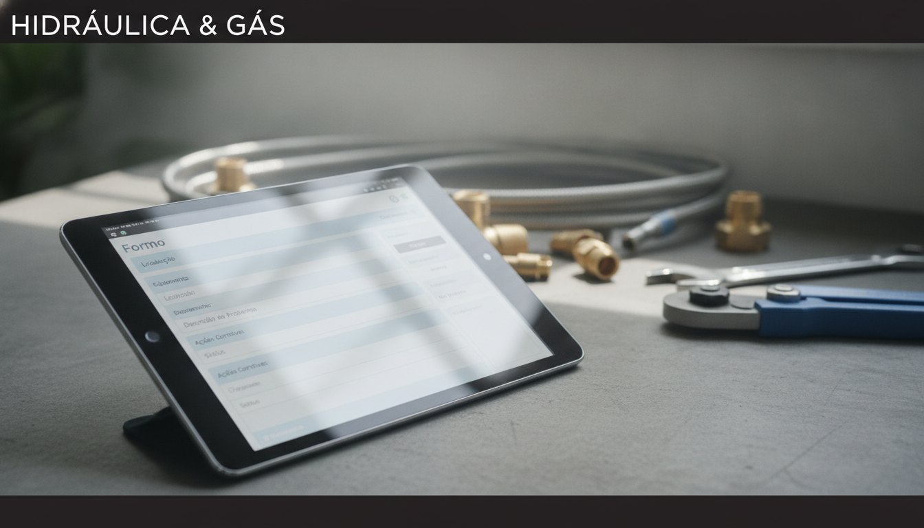 Tela de tablet exibindo um formulário digital de manutenção predial com campos de localização.