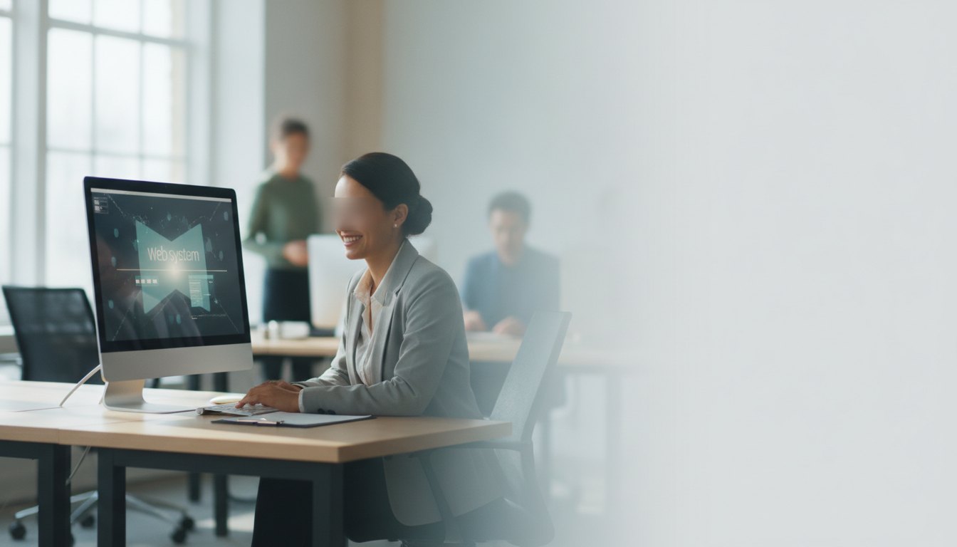 Profissional sorrindo enquanto utiliza um computador em um escritório bem iluminado com colegas ao fundo.