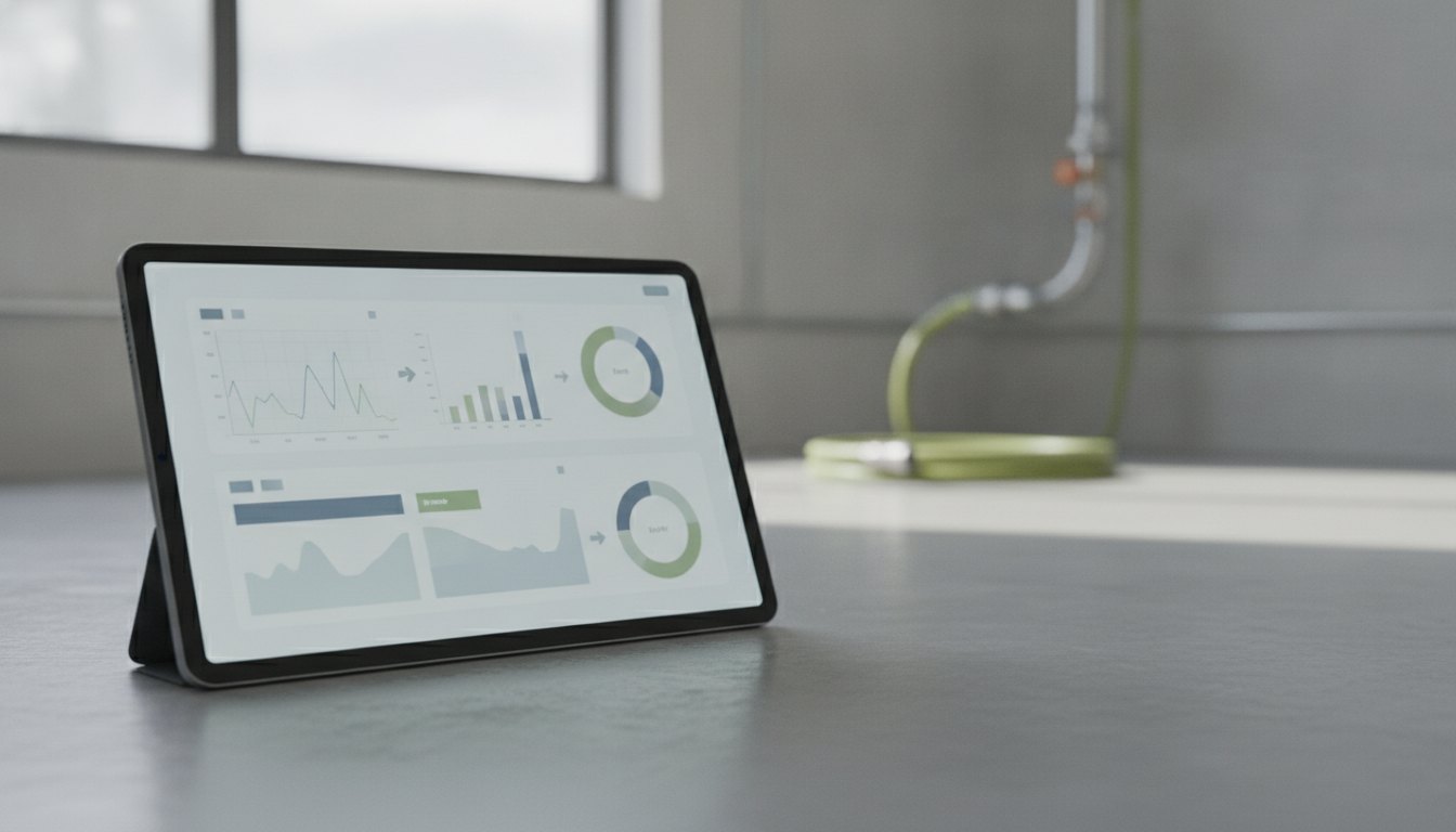 Tela de tablet mostrando um painel de controle digital com gráficos e ordens de serviço