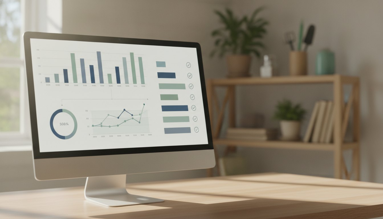 Tela de computador exibindo um painel de controle com gráficos e lista de tarefas de manutenção.