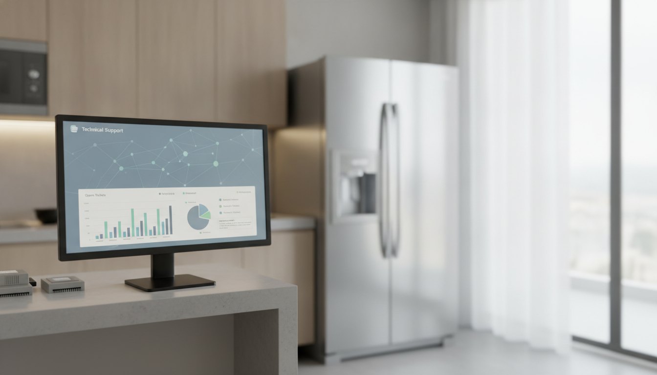Tela de computador exibindo um painel de controle de chamados técnicos ao lado de uma geladeira.
