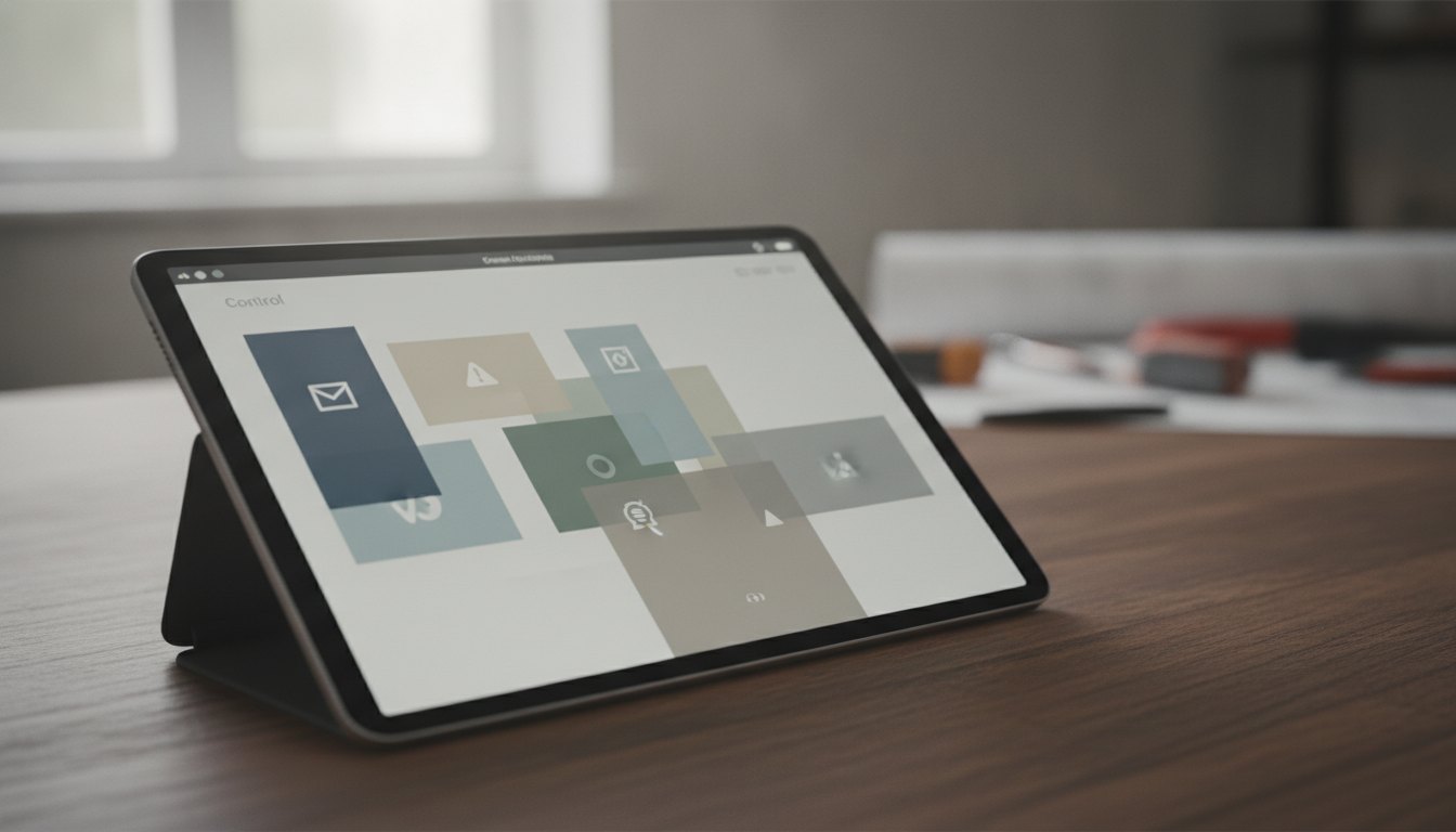 Tela de um tablet mostrando um painel de controle com notificações de manutenção sobre mesa.