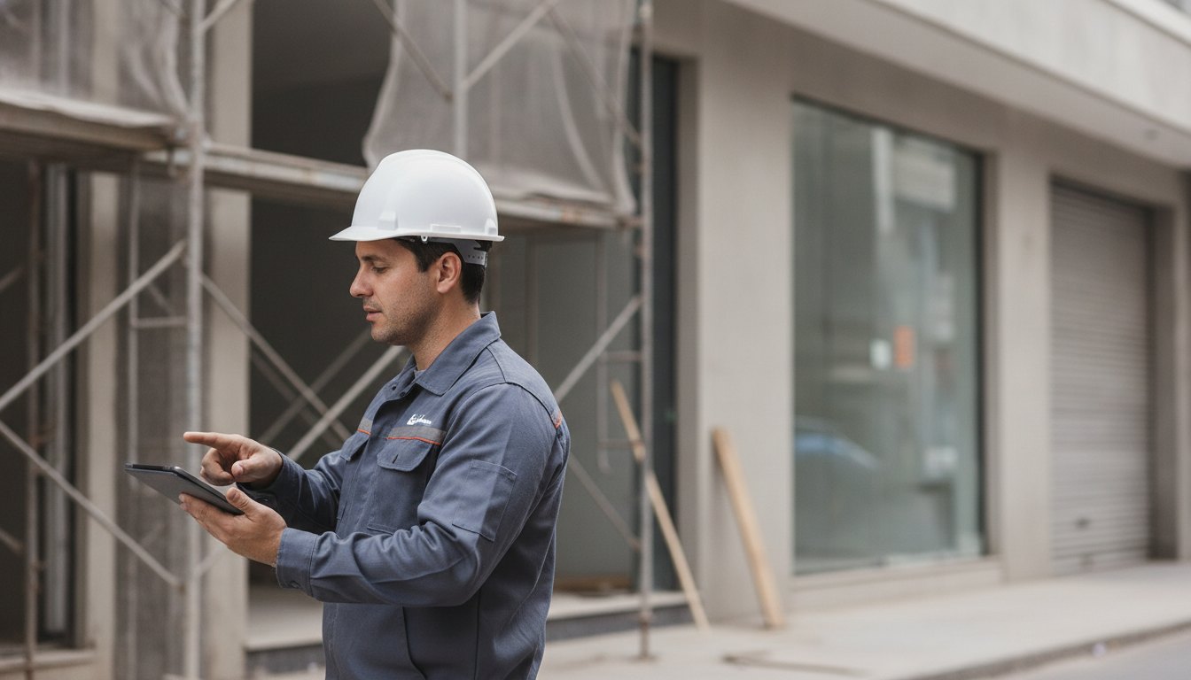 Engenheiro de capacete branco aponta para tablet enquanto inspeciona fachada de prédio comercial em reforma.