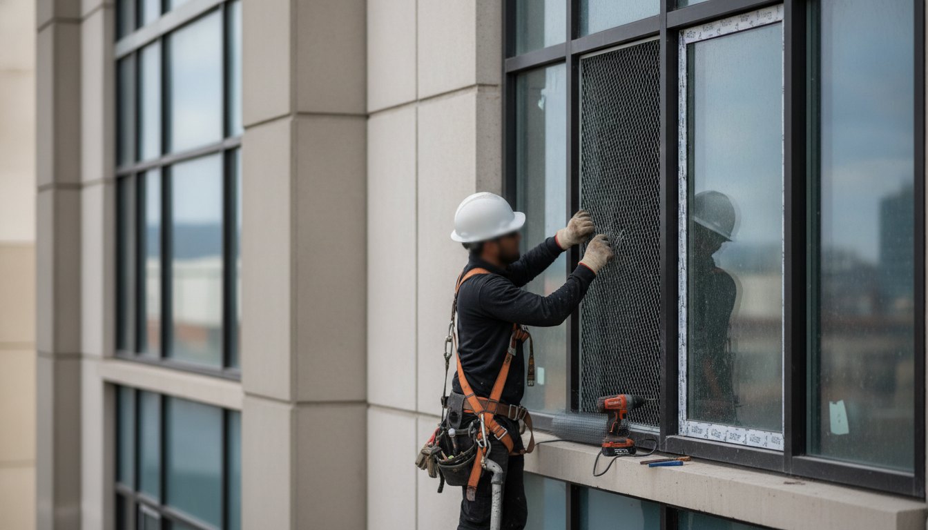 Trabalhador com equipamento de segurança instalando malha de proteção em janela de edifício comercial.