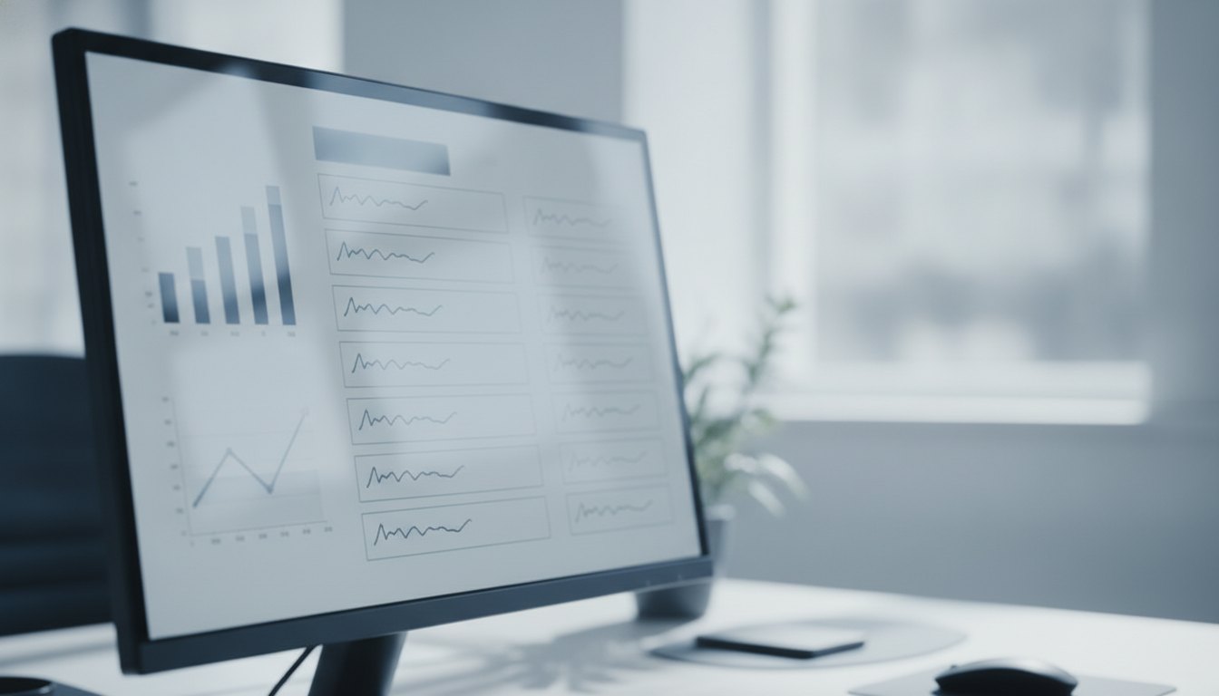 Tela de computador exibindo um painel de controle com gráficos e listas de chamados de manutenção.