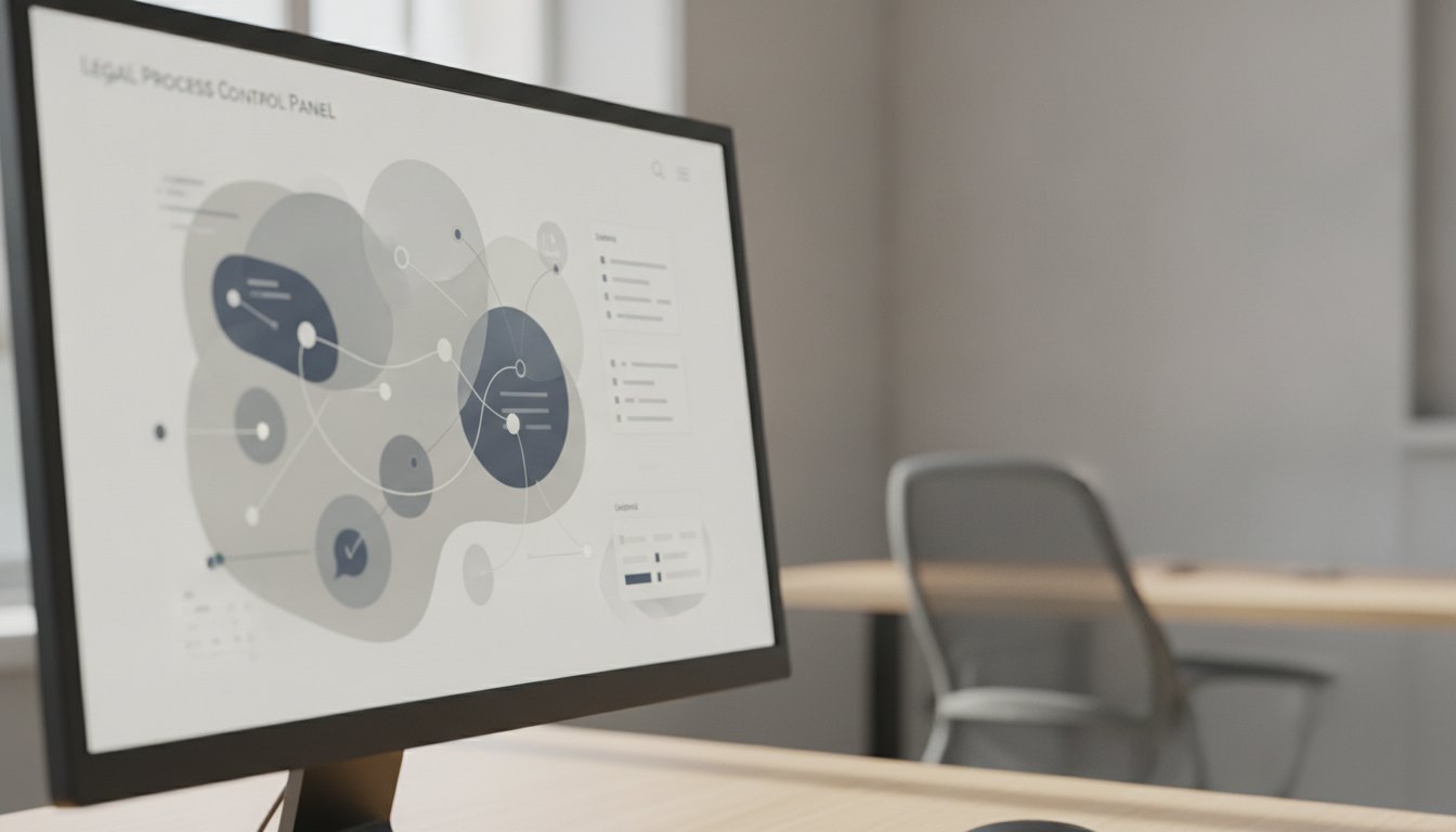 Tela de computador exibindo um painel de controle com gráficos e listas de processos jurídicos.