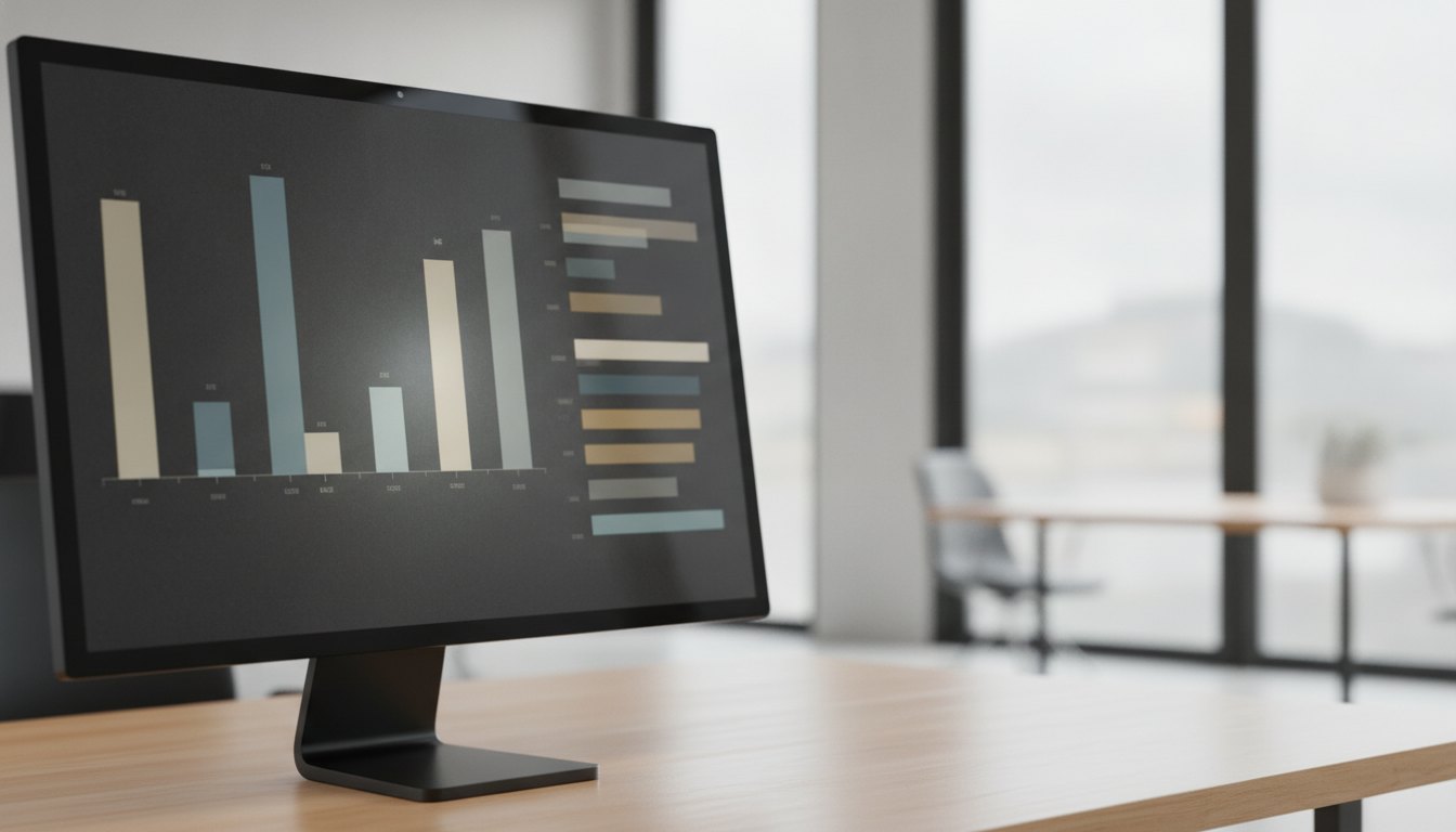 Tela de computador exibindo gráficos de barras e menções de texto em um painel escuro.