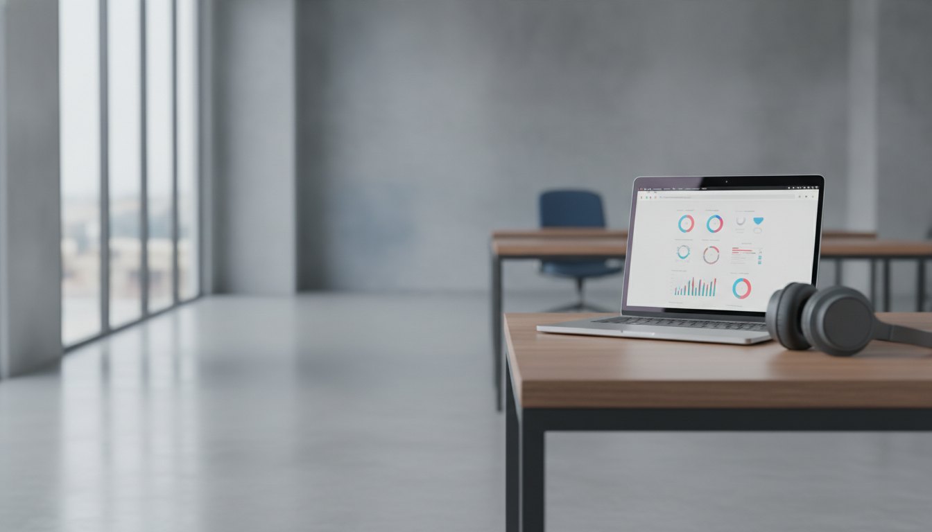 Profissional com fones de ouvido trabalha em notebook exibindo painel de controle de sistema web.