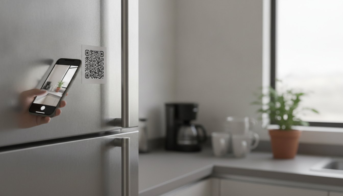 Celular escaneando um código afixado na porta de um refrigerador metálico em uma copa corporativa.