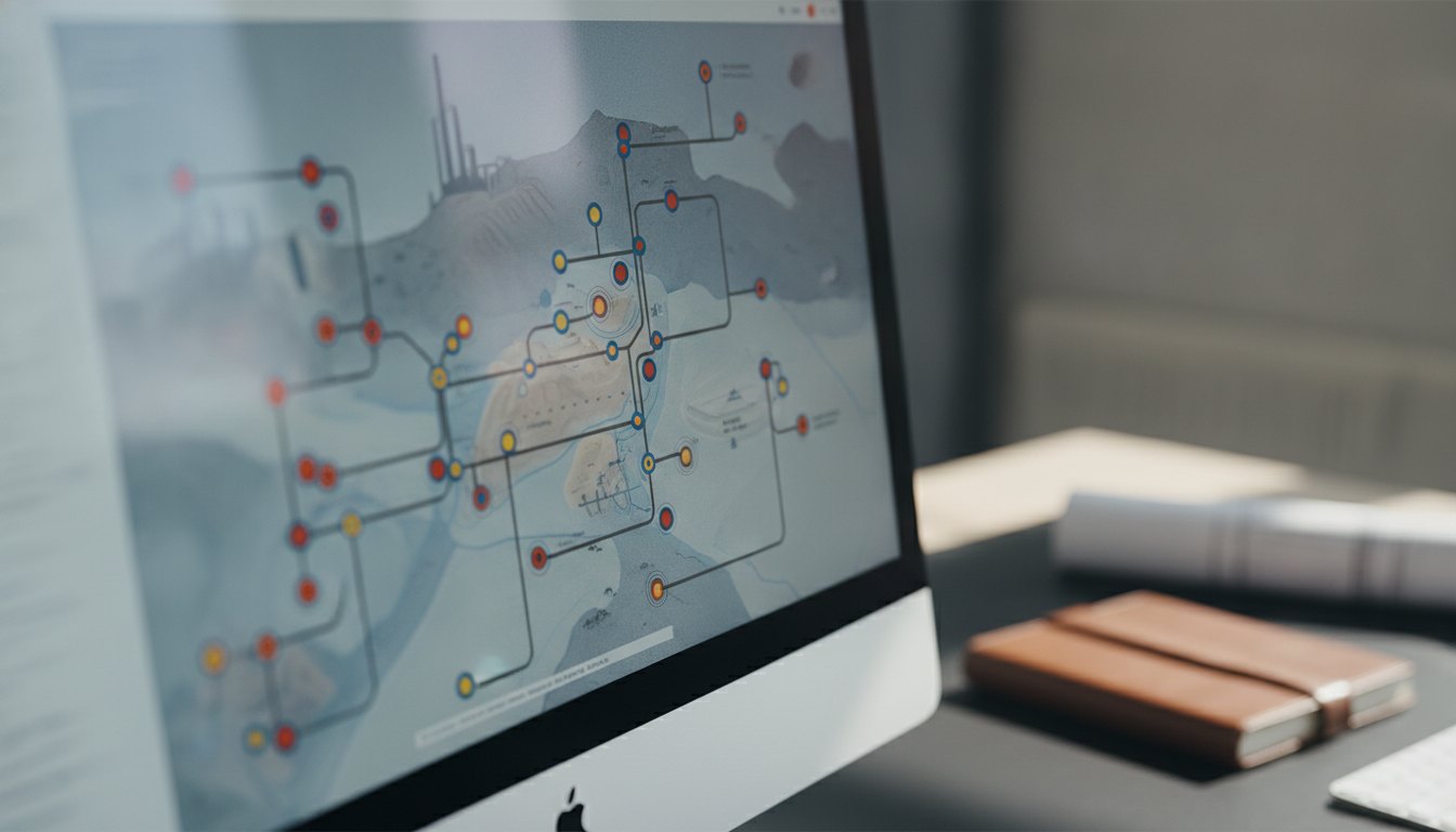 Tela de computador exibindo mapa interativo com pontos de manutenção em tubulações industriais.
