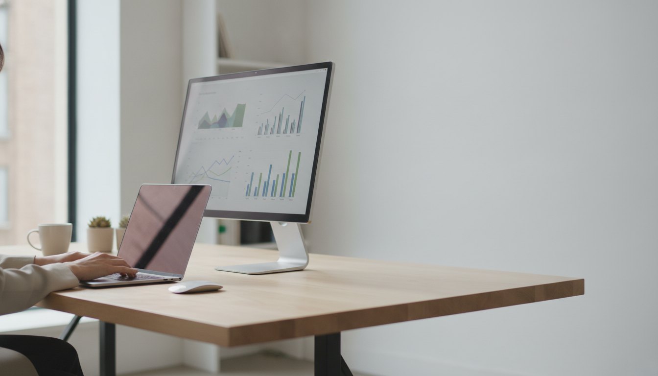 Mulher digita em um notebook sobre mesa de escritório enquanto analisa gráficos em um monitor ao lado.