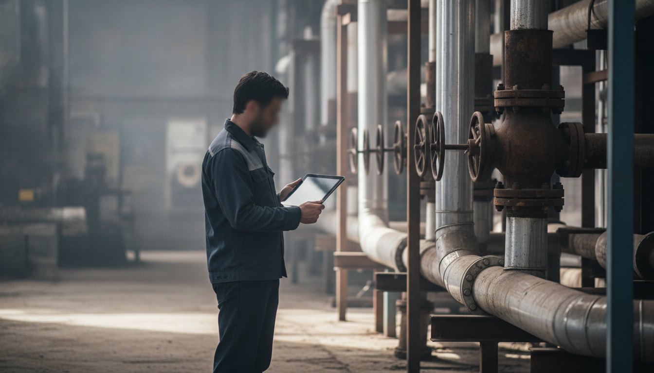 Profissional com tablet em mãos inspeciona tubulação industrial ao lado de válvulas metálicas aparentes.