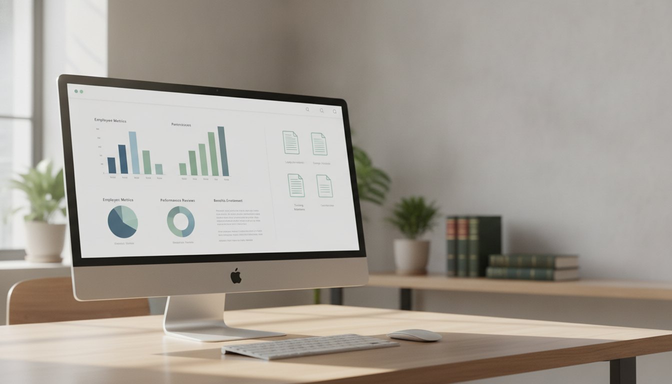 Tela de computador exibindo um portal corporativo de recursos humanos com gráficos e documentos.