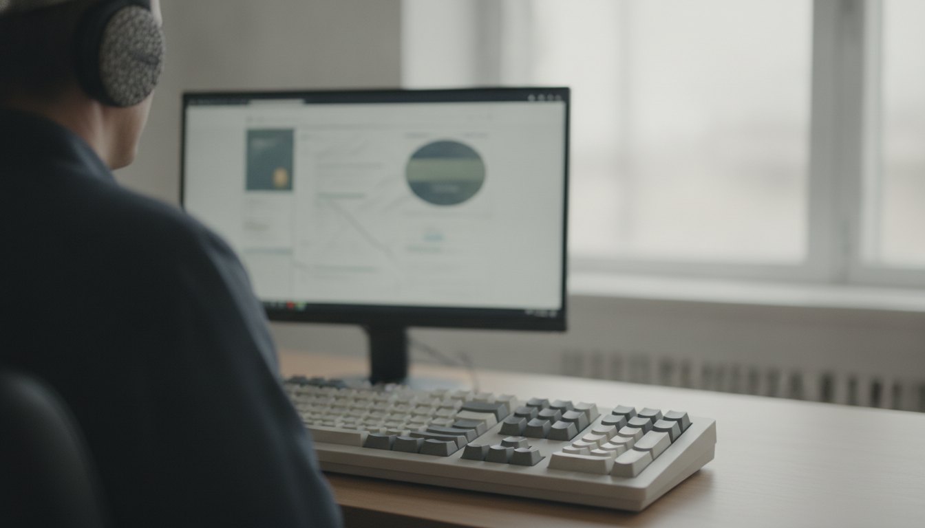 Pessoa com deficiência visual utiliza teclado adaptado e fones de ouvido diante de um monitor.
