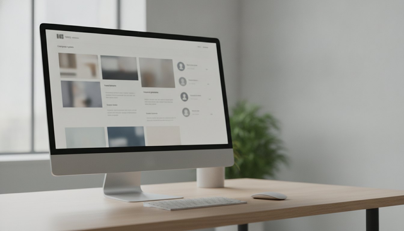 Tela de computador exibindo um sistema com lista de notícias, fotos e contatos corporativos.